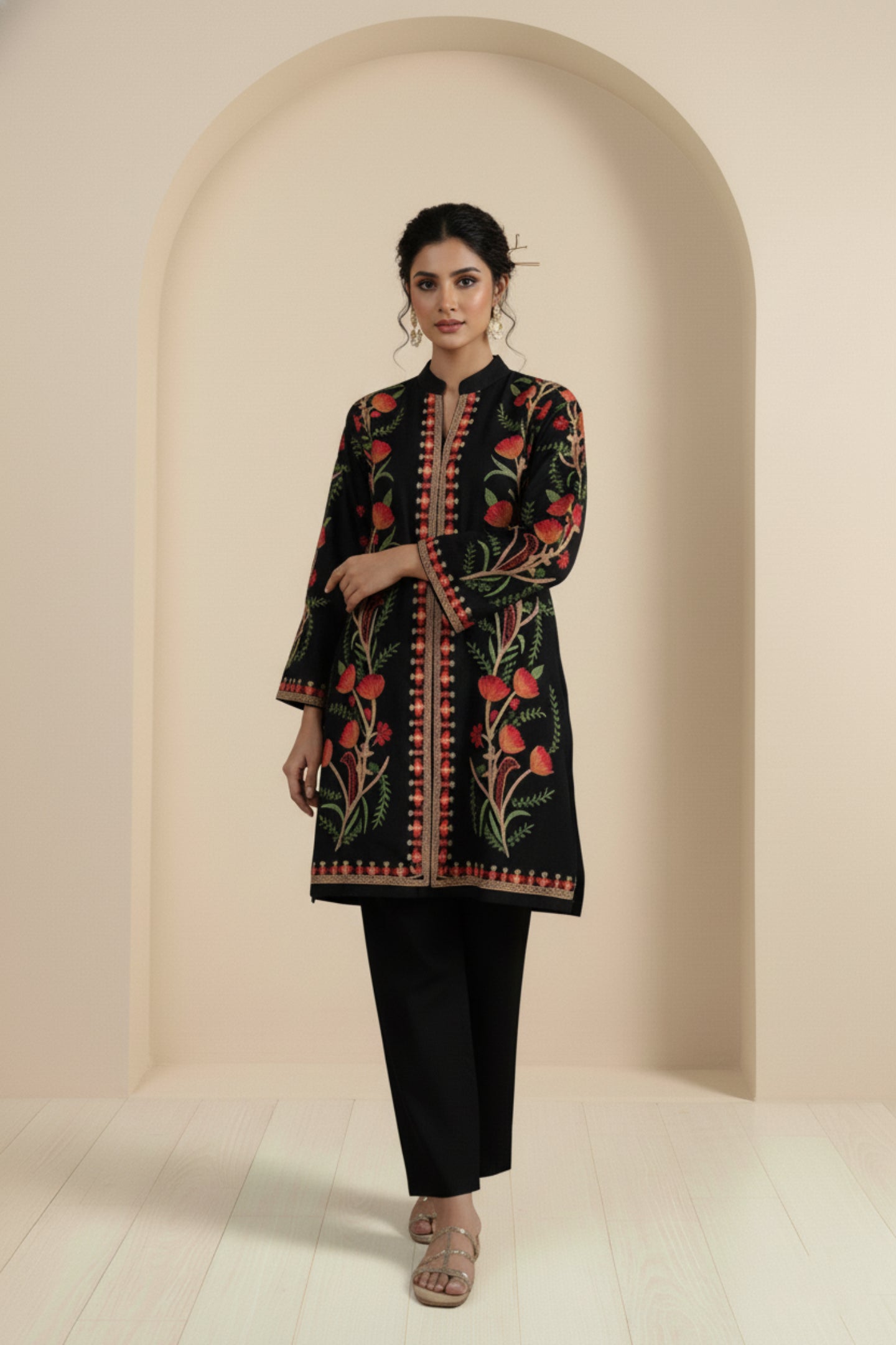 Floral Knitted Aari Embroidery Coord Set | Black