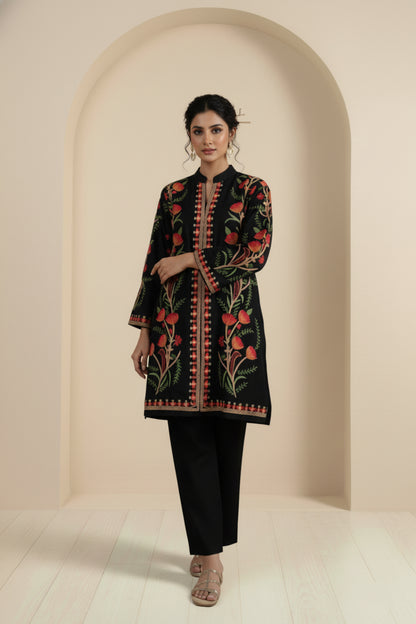 Floral Knitted Aari Embroidery Coord Set | Black
