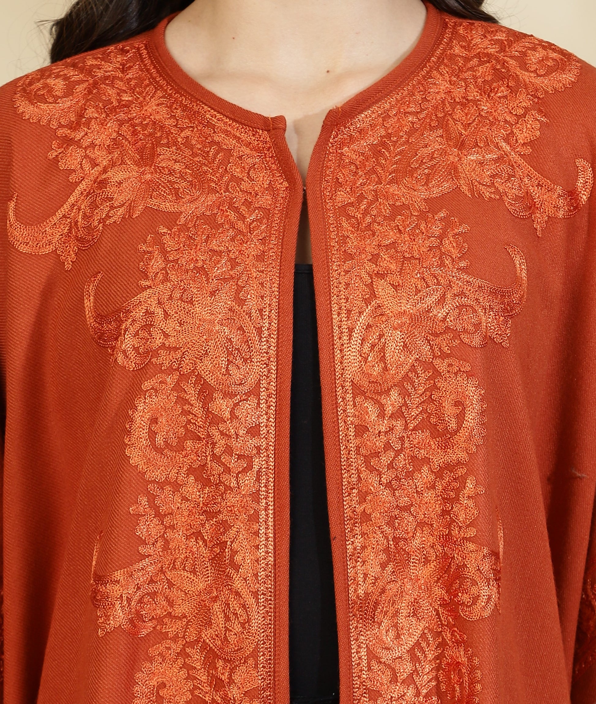 Floral Embroidery Rust Pheran Shrug