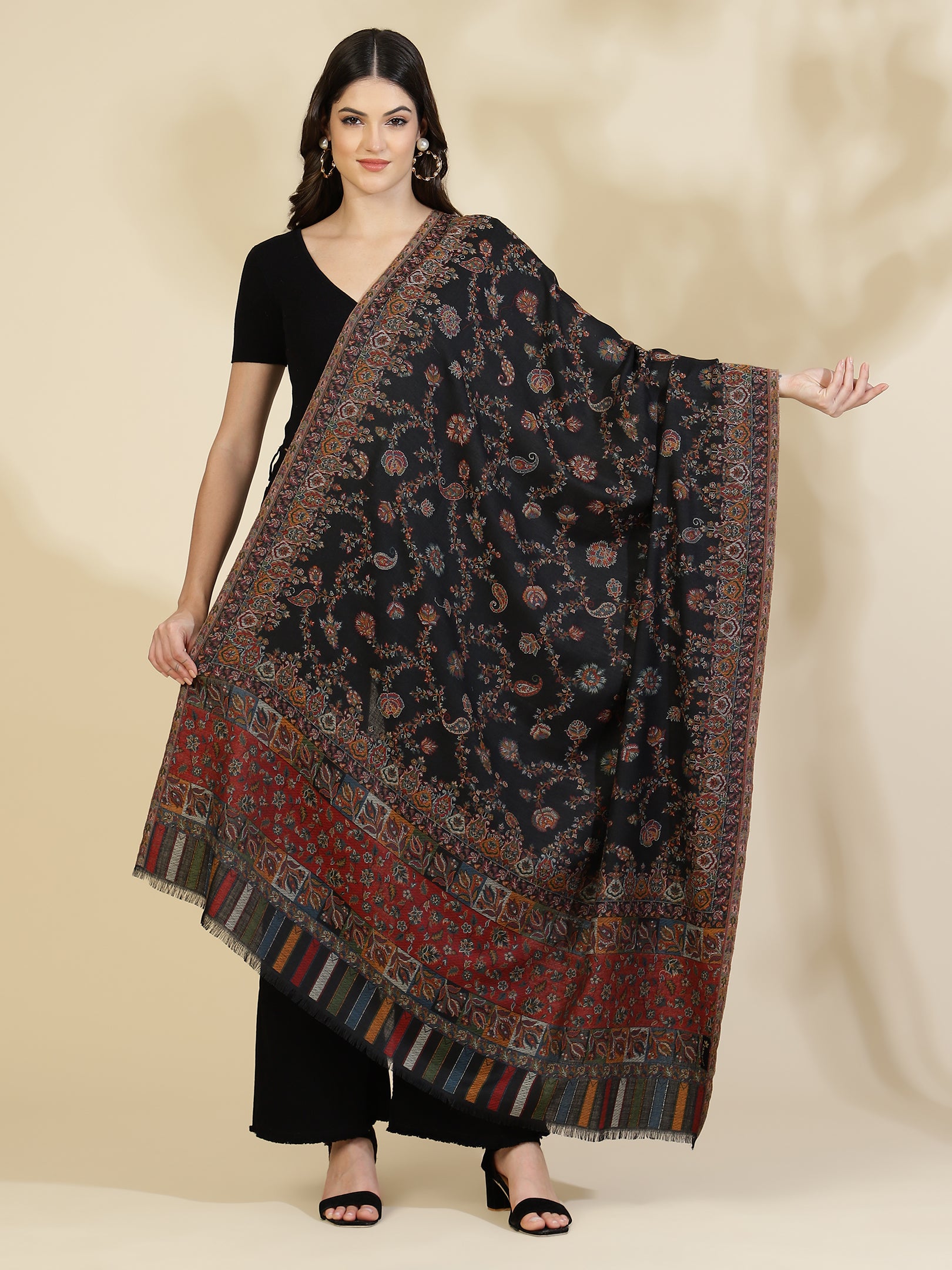 Kani Floral Weave Pure Wool Shawl For Women | Black