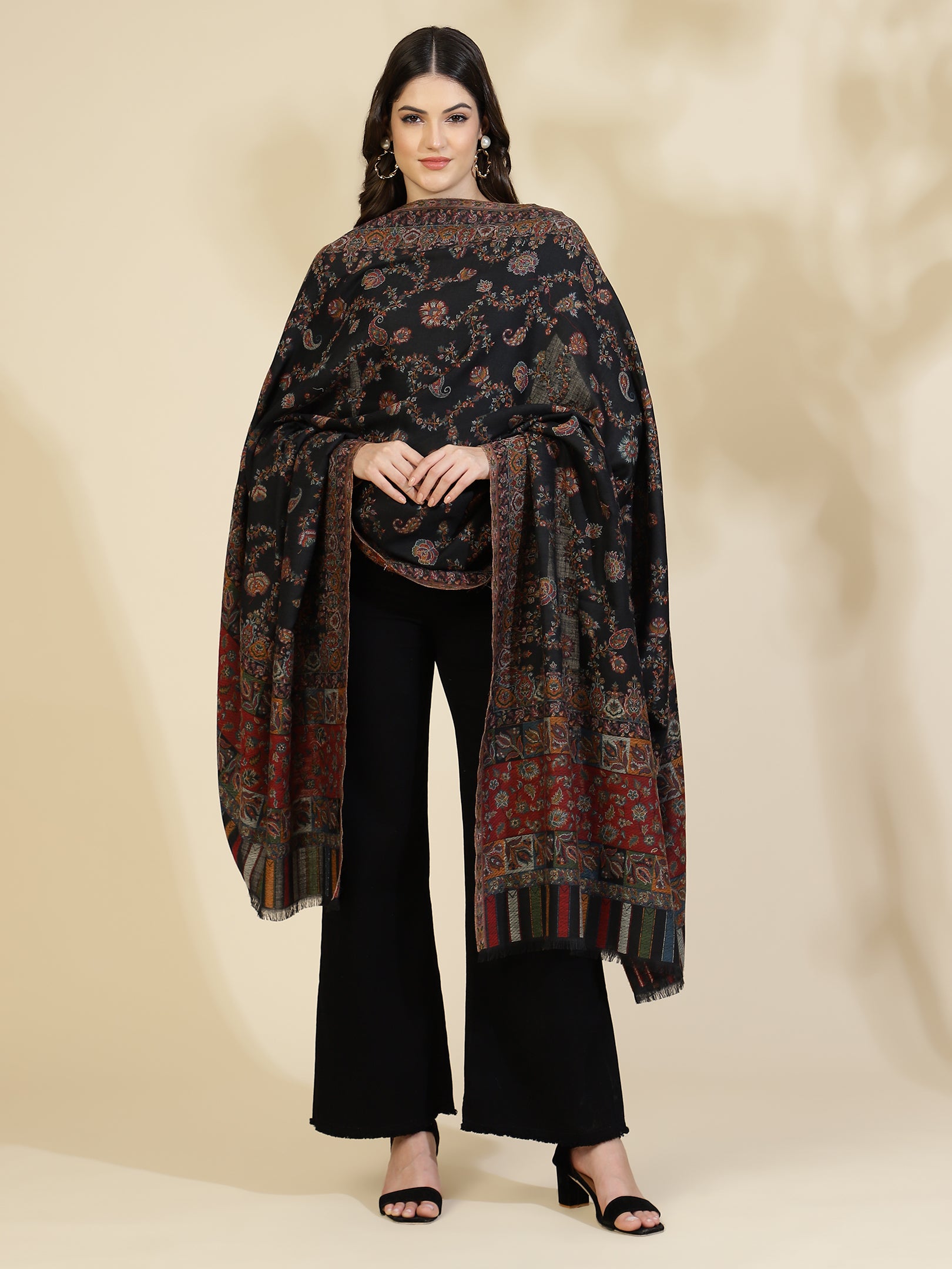 Kani Floral Weave Pure Wool Shawl For Women | Black
