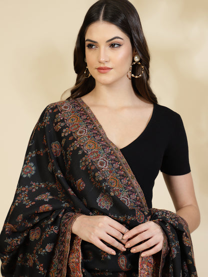 Kani Floral Weave Pure Wool Shawl For Women | Black