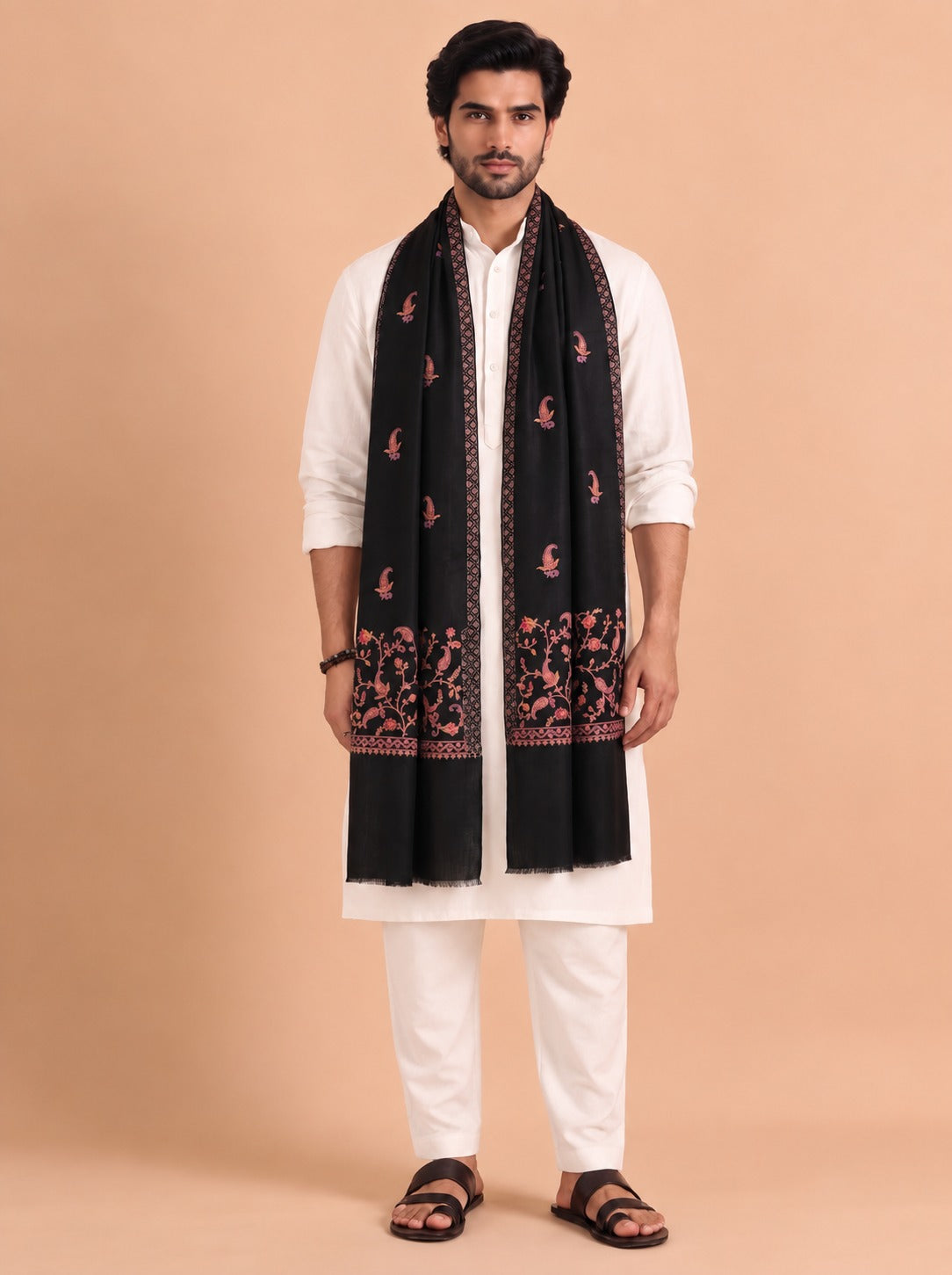 Sozni Floral Embroidery Kashmiri Shawl for Men | Black - photo 1