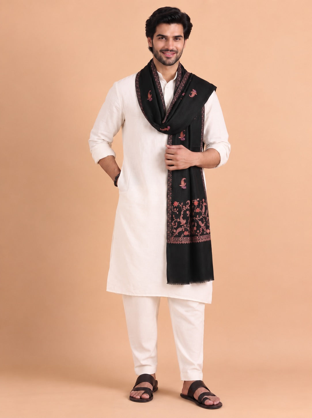 Sozni Floral Embroidery Kashmiri Shawl for Men | Black - photo 2