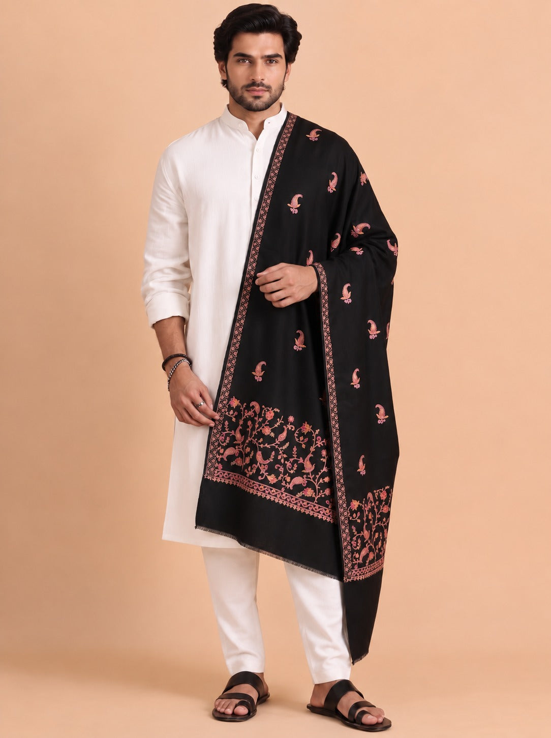 Sozni Floral Embroidery Kashmiri Shawl for Men | Black - photo 3