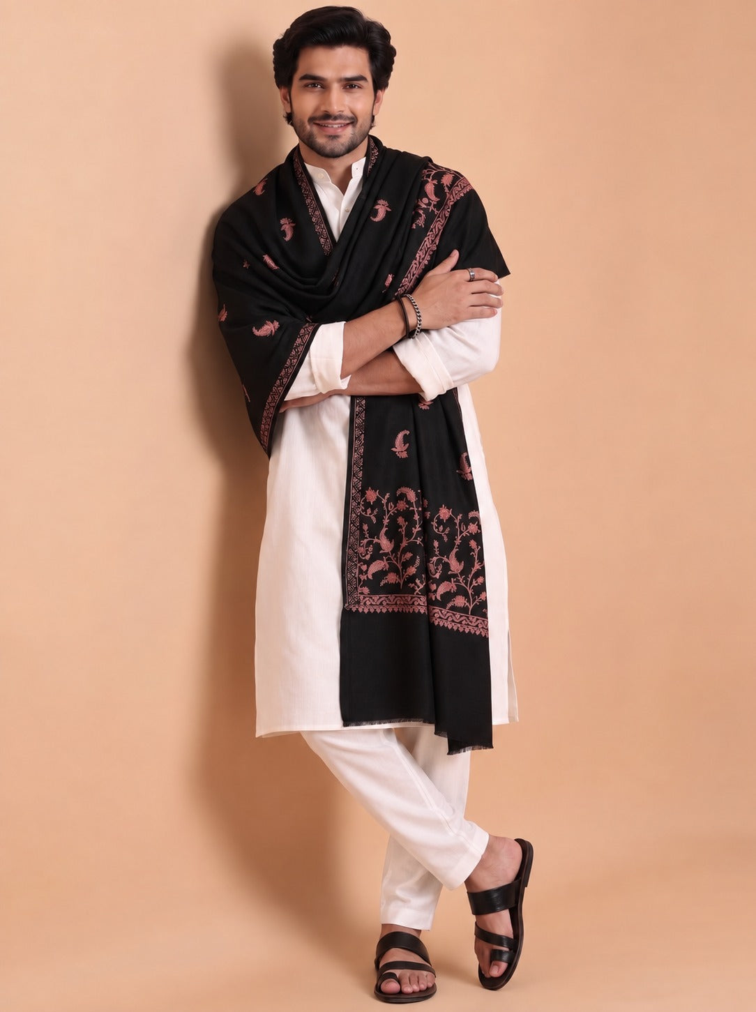Sozni Floral Embroidery Kashmiri Shawl for Men | Black - photo 4