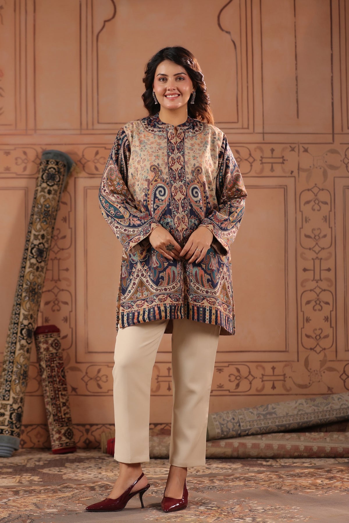 Women's Kaani Paisley Woven Winter Kurta | Beige Blue