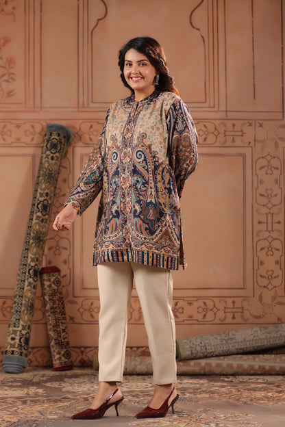 Women's Kaani Paisley Woven Winter Kurta | Beige Blue