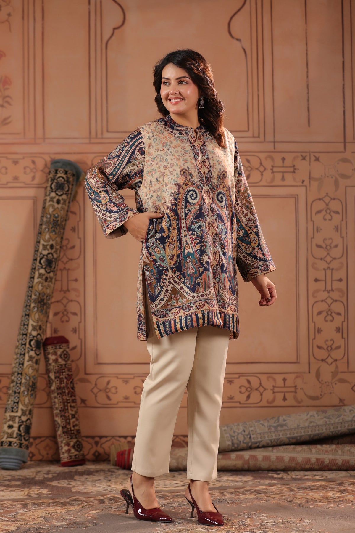 Women's Kaani Paisley Woven Winter Kurta | Beige Blue
