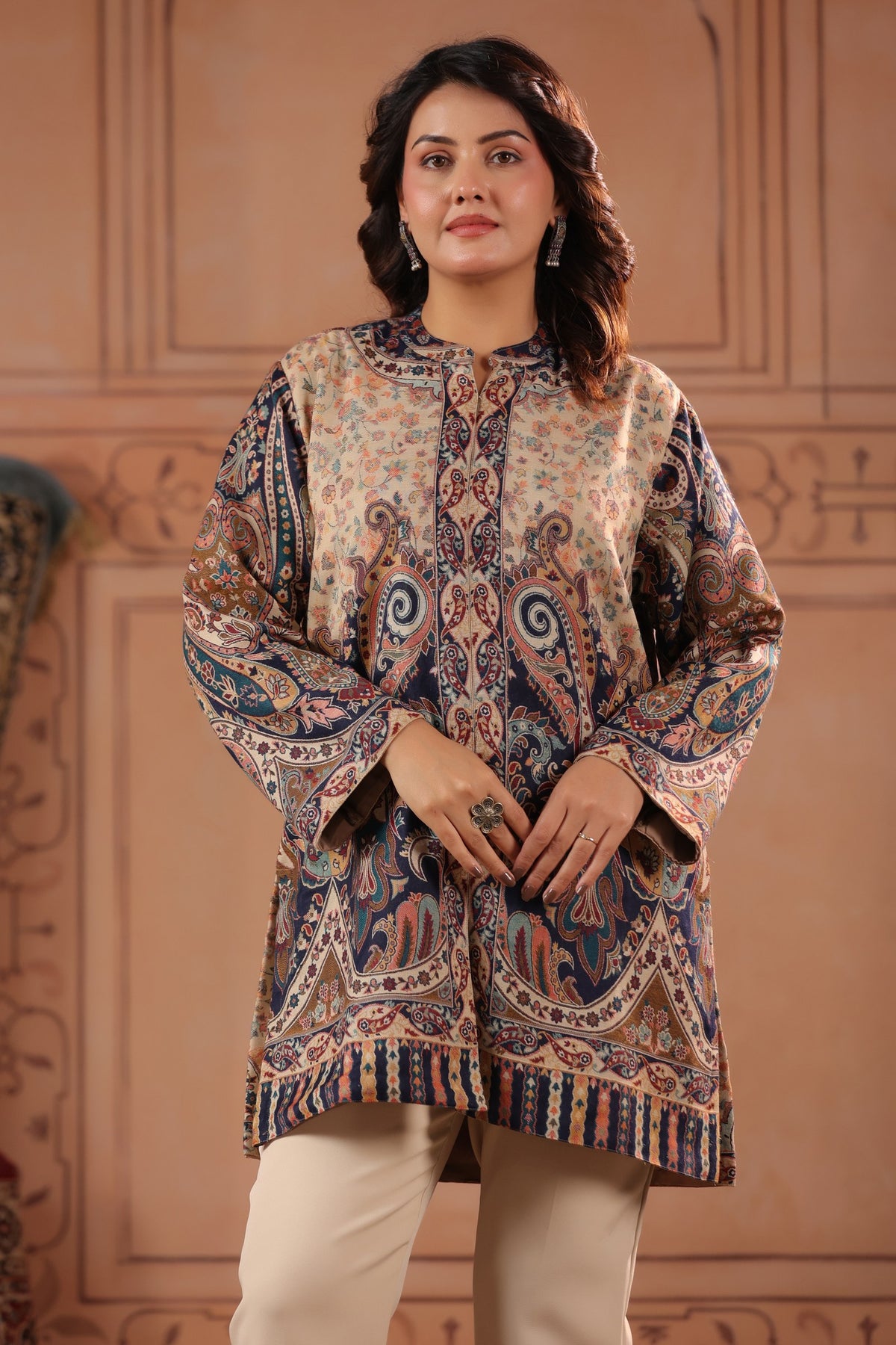 Women's Kaani Paisley Woven Winter Kurta | Beige Blue