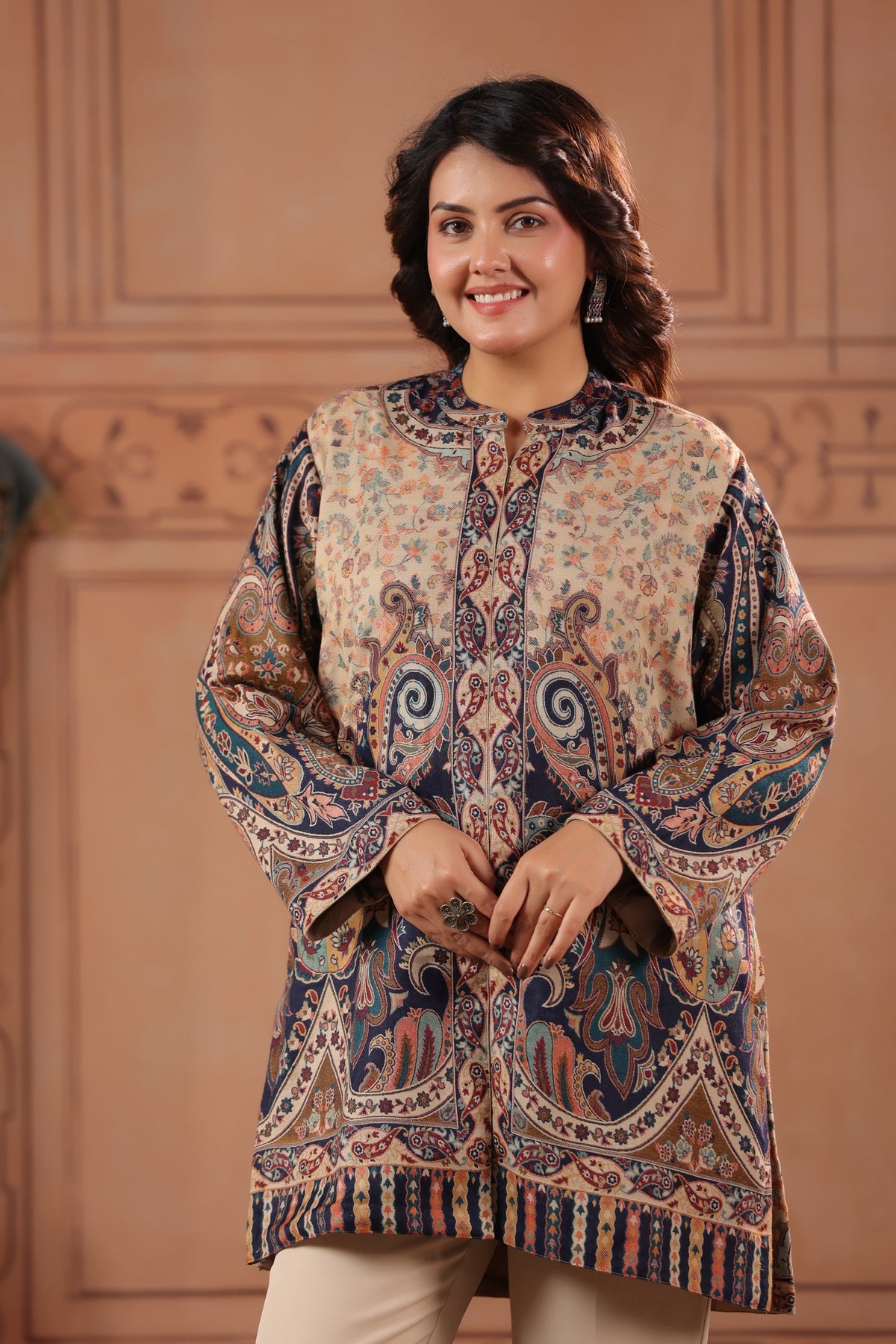Women's Kaani Paisley Woven Winter Kurta | Beige Blue