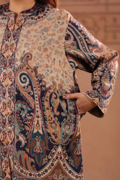 Women's Kaani Paisley Woven Winter Kurta | Beige Blue