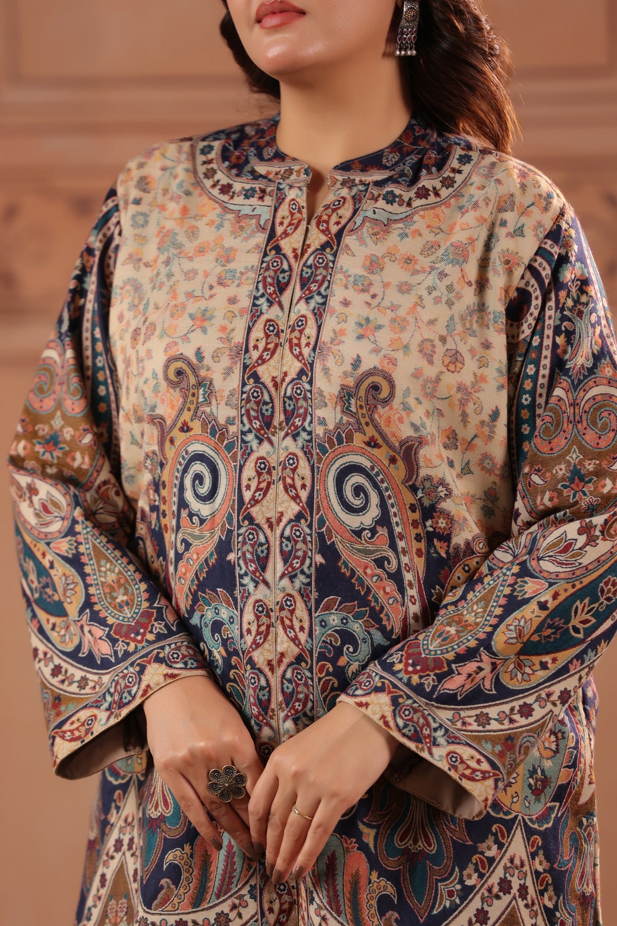 Women's Kaani Paisley Woven Winter Kurta | Beige Blue