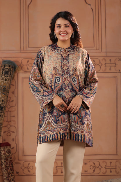 Women's Kani Paisley Woven Winter Kurta | Beige Blue