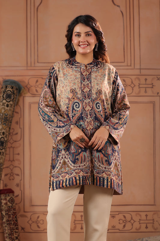 Women's Kani Paisley Woven Winter Kurta | Beige Blue