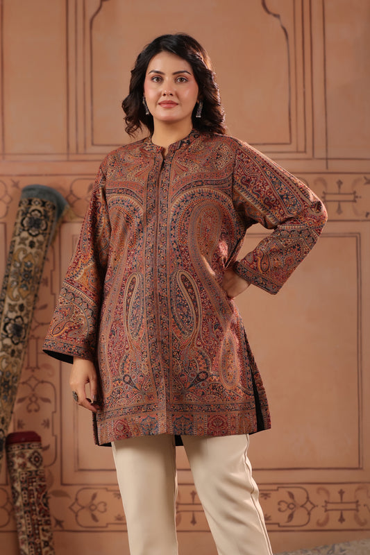 Women's Kani Paisley Woven Winter Kurta | Brown Multicolour