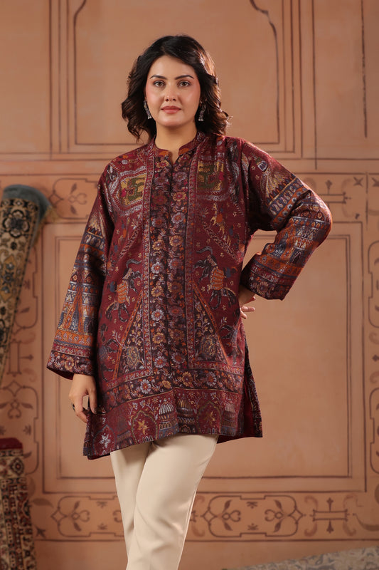 Women's Kani Zari Woven Winter Kurta | Wine