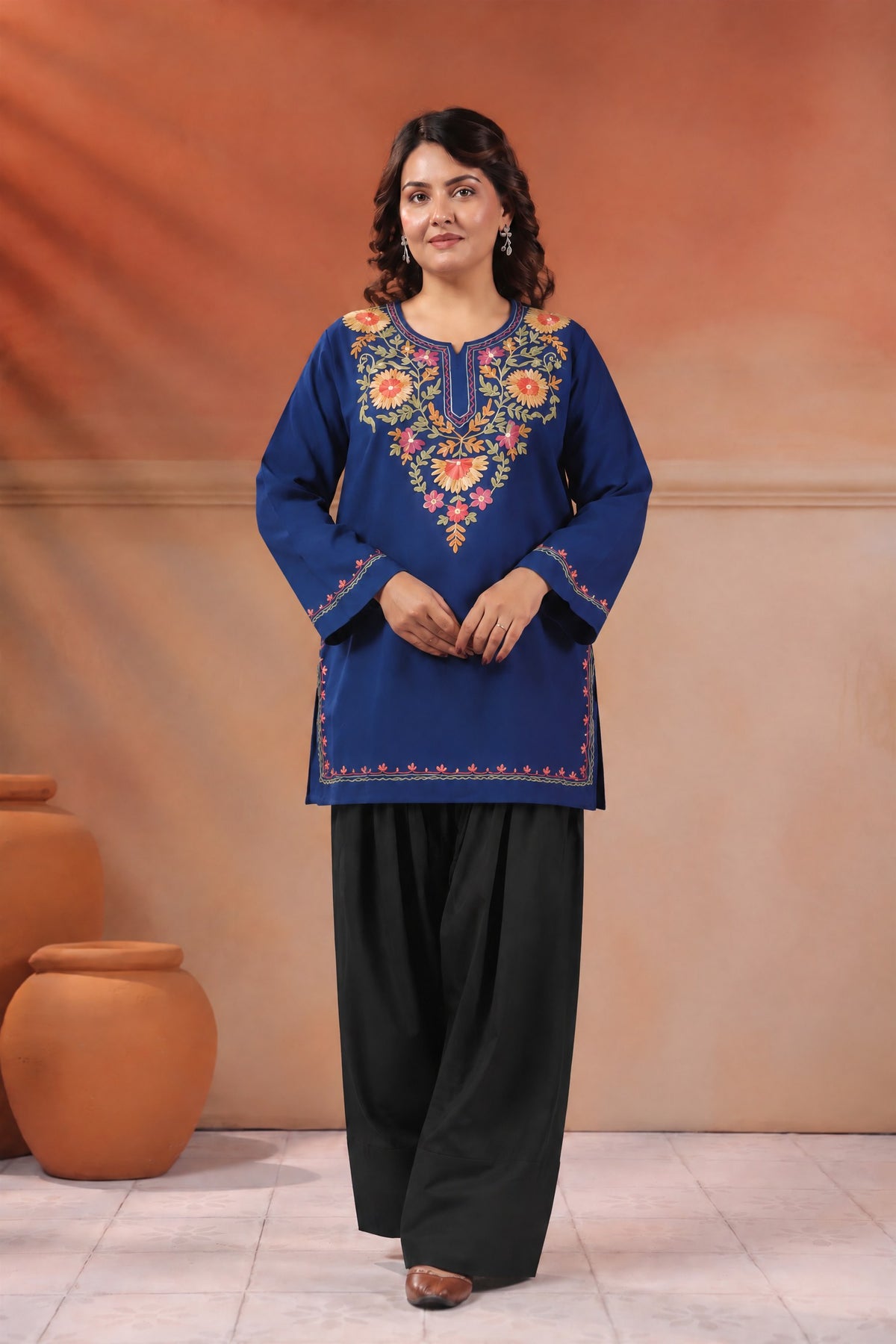 Women's Aari Floral Multicolour Embroidered Woollen Kurta | Airforce Blue