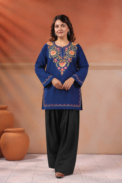 Women's Aari Floral Multicolour Embroidered Woollen Kurta | Airforce Blue