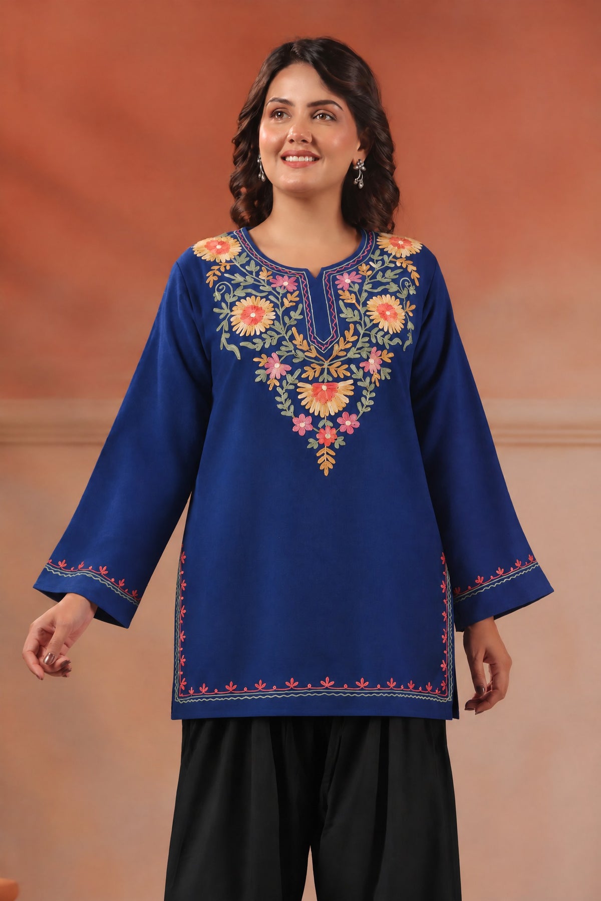 Women's Aari Floral Multicolour Embroidered Woollen Kurta | Airforce Blue