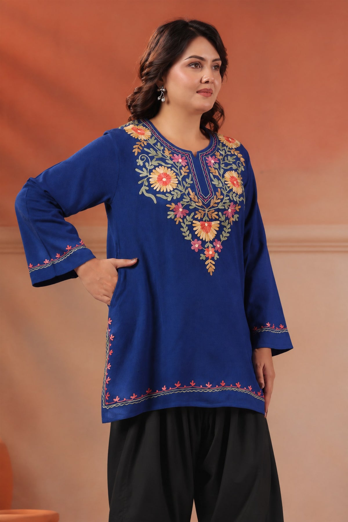 Women's Aari Floral Multicolour Embroidered Woollen Kurta | Airforce Blue