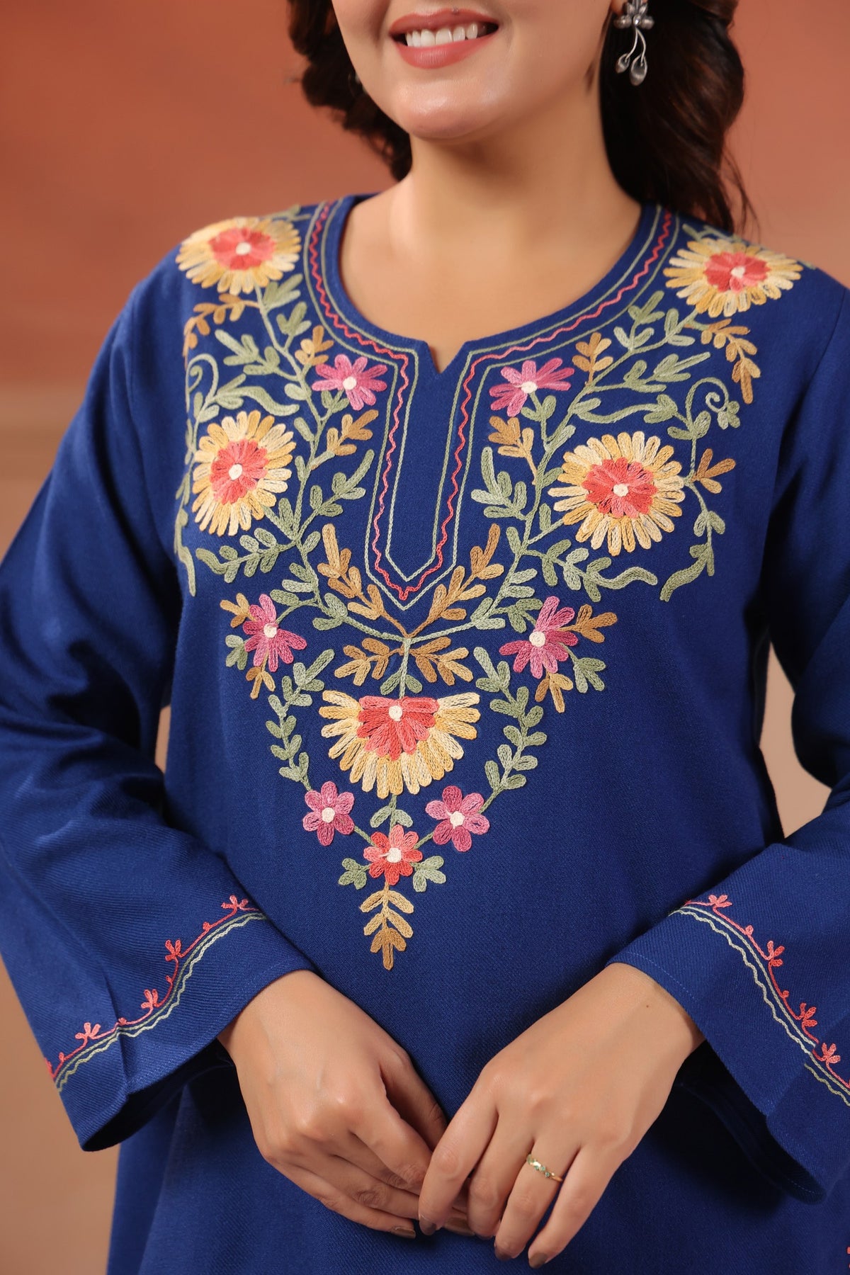 Women's Aari Floral Multicolour Embroidered Woollen Kurta | Airforce Blue