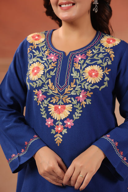Women's Aari Floral Multicolour Embroidered Woollen Kurta | Airforce Blue