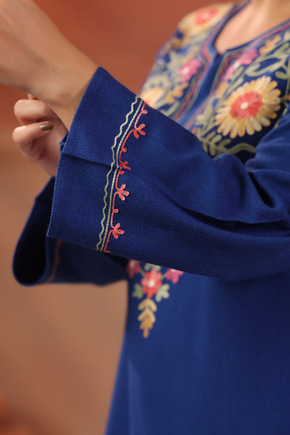 Women's Aari Floral Multicolour Embroidered Woollen Kurta | Airforce Blue