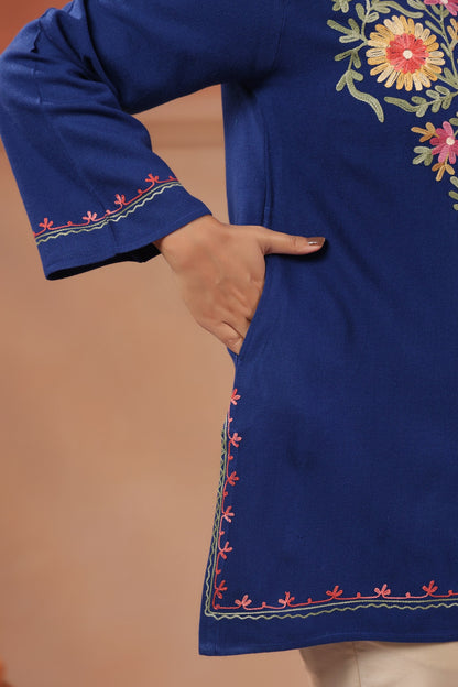 Women's Aari Floral Multicolour Embroidered Woollen Kurta | Airforce Blue