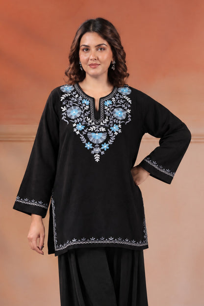 Women's Aari Floral Multicolour Embroidered Woollen Kurta | Black