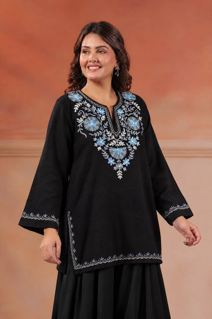 Women's Aari Floral Multicolour Embroidered Woollen Kurta | Black