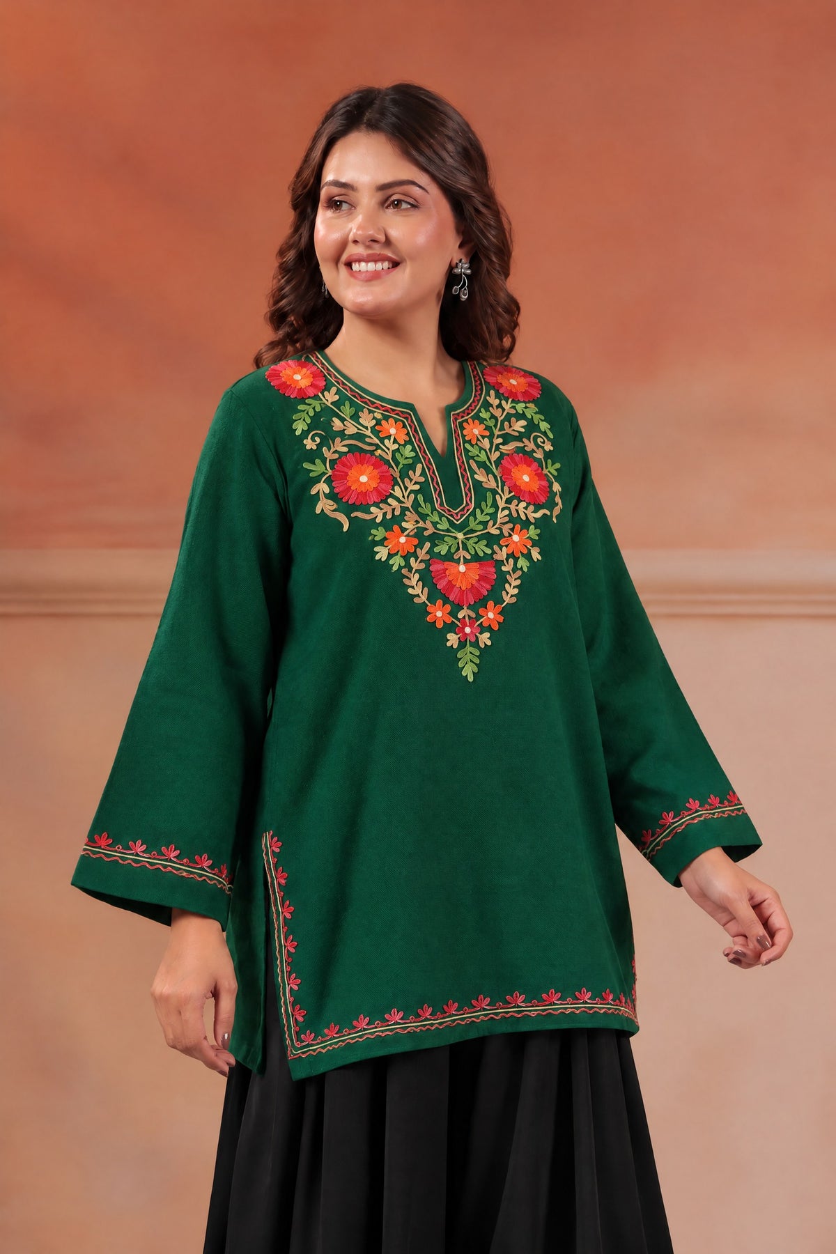 Women's Aari Floral Multicolour Embroidered Woollen Kurta | Bottle Green