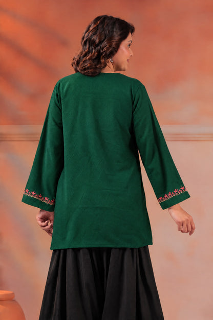 Women's Aari Floral Multicolour Embroidered Woollen Kurta | Bottle Green
