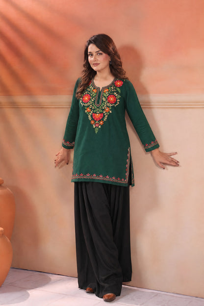 Women's Aari Floral Multicolour Embroidered Woollen Kurta | Bottle Green