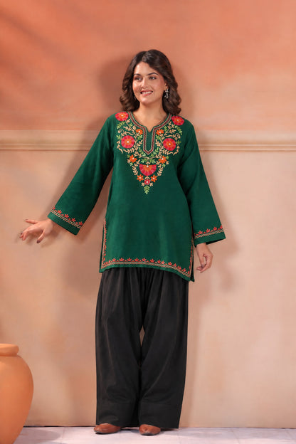 Women's Aari Floral Multicolour Embroidered Woollen Kurta | Bottle Green