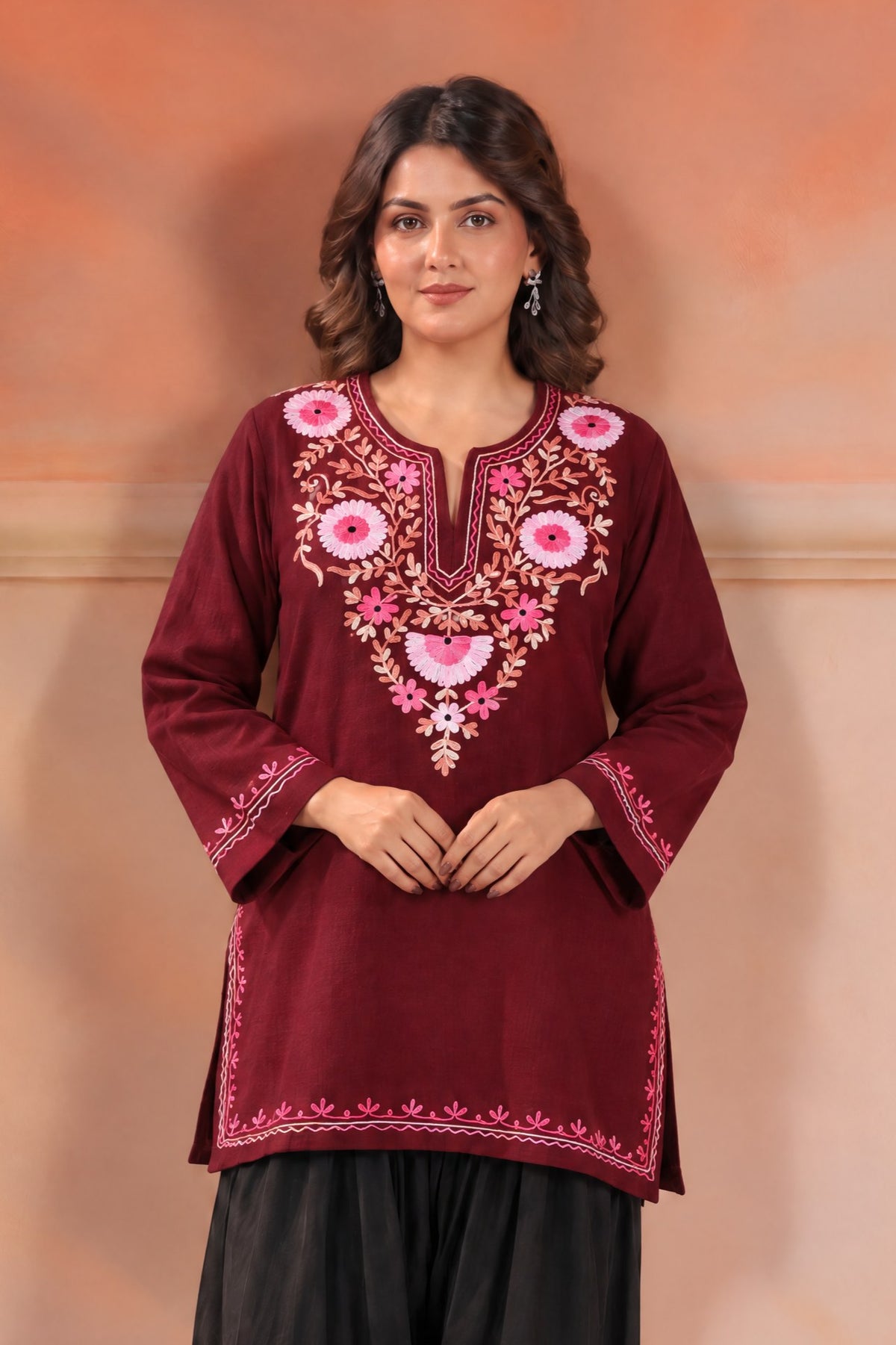 Women's Aari Floral Multicolour Embroidered Woollen Kurta | Maroon