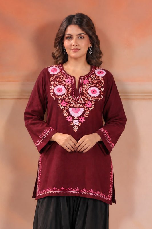 Women's Aari Floral Multicolour Embroidered Woollen Kurta | Maroon