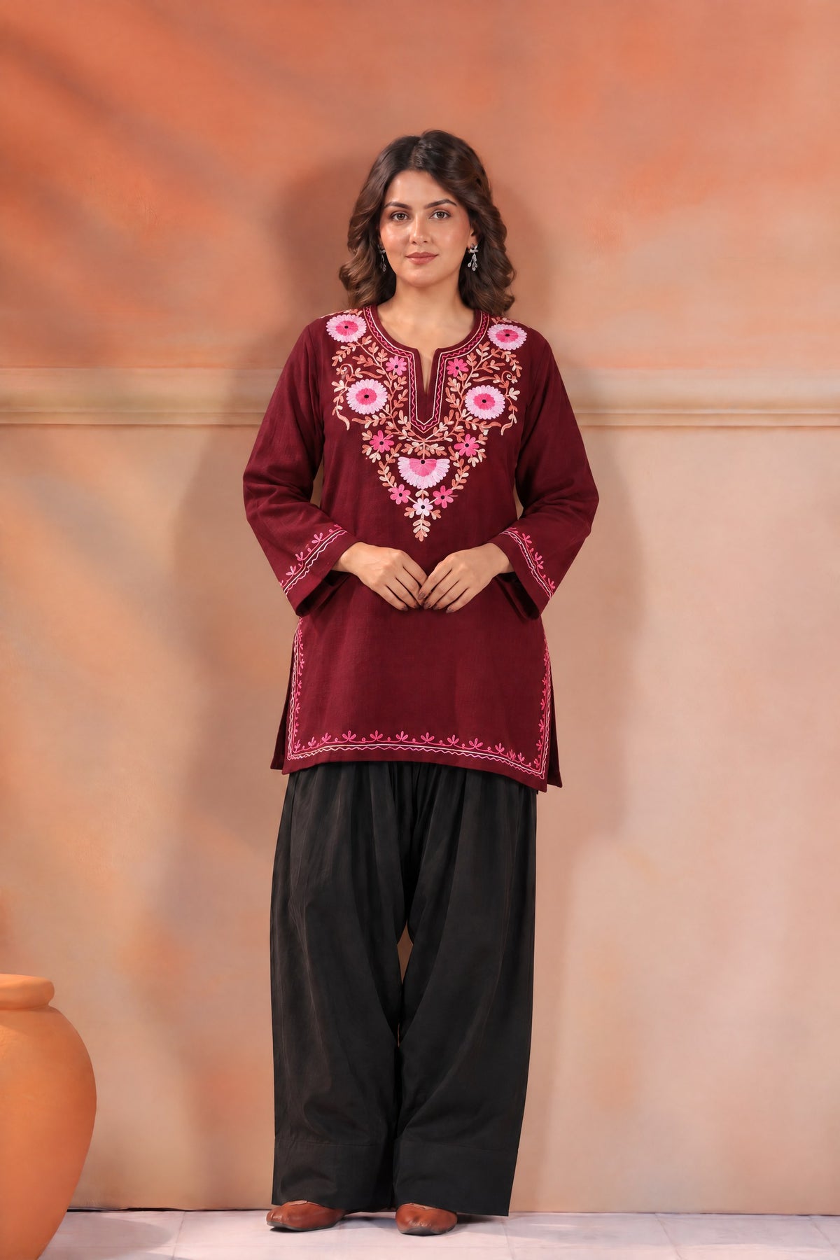 Women's Aari Floral Multicolour Embroidered Woollen Kurta | Maroon
