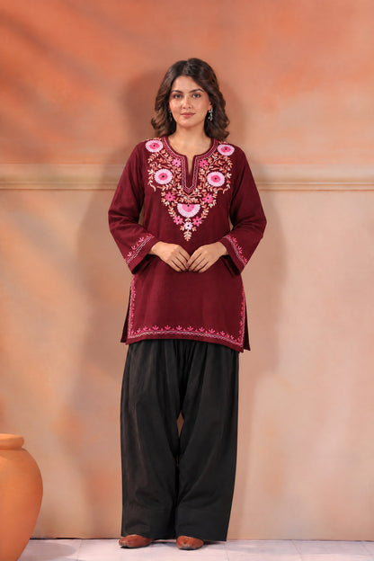 Women's Aari Floral Multicolour Embroidered Woollen Kurta | Maroon