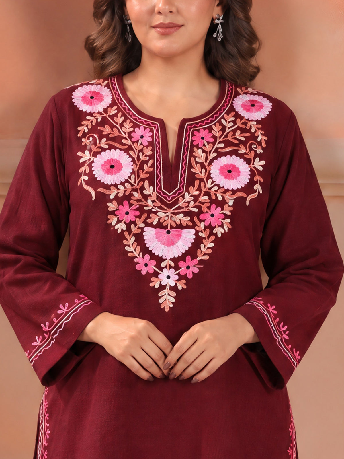 Women's Aari Floral Multicolour Embroidered Woollen Kurta | Maroon