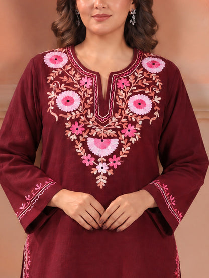 Women's Aari Floral Multicolour Embroidered Woollen Kurta | Maroon