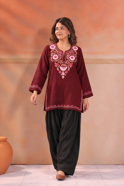 Women's Aari Floral Multicolour Embroidered Woollen Kurta | Maroon