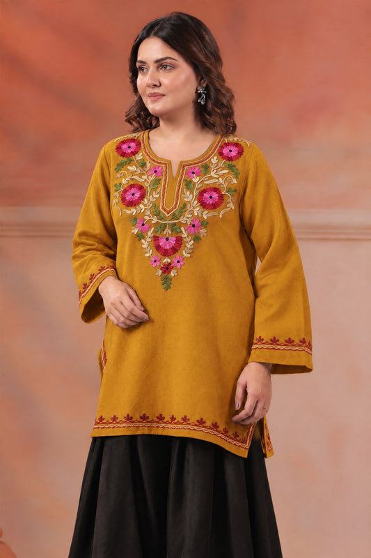 Women's Aari Floral Multicolour Embroidered Woollen Kurta | Mustard