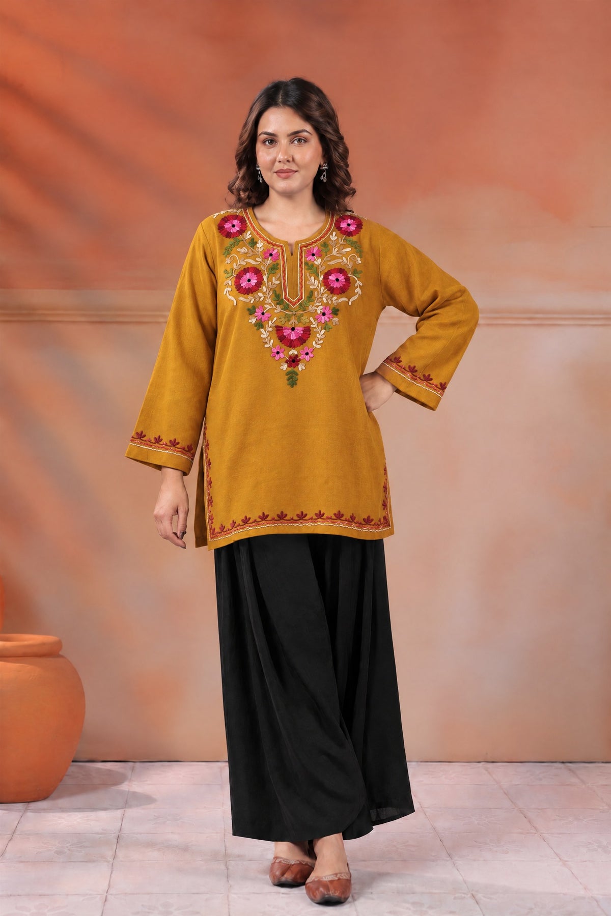 Women's Aari Floral Multicolour Embroidered Woollen Kurta | Mustard