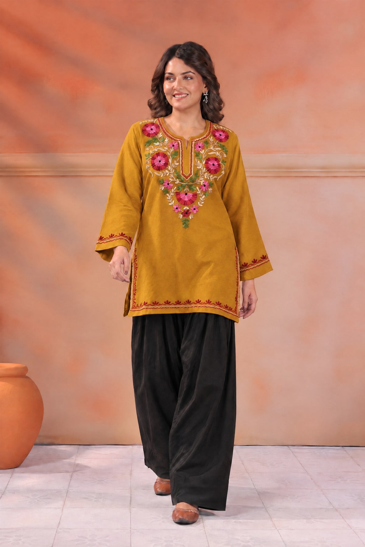 Women's Aari Floral Multicolour Embroidered Woollen Kurta | Mustard