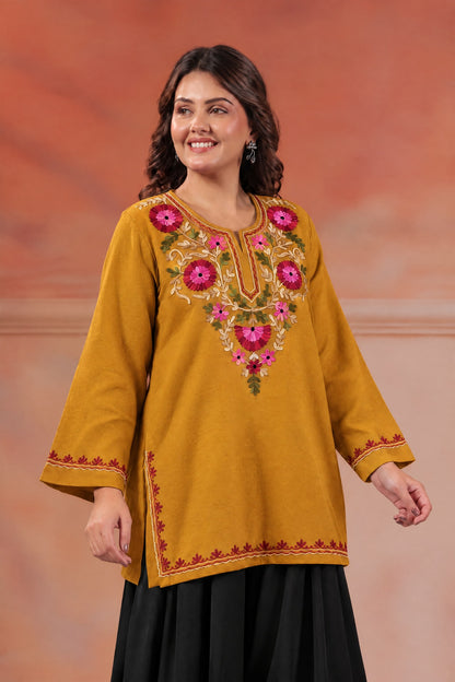 Women's Aari Floral Multicolour Embroidered Woollen Kurta | Mustard