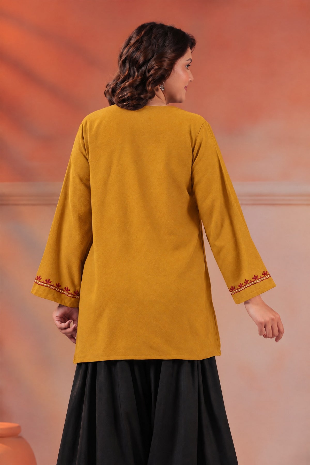 Women's Aari Floral Multicolour Embroidered Woollen Kurta | Mustard