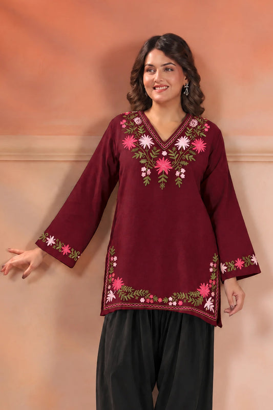 Women's Kashmiri Aari Floral Embroidered Woollen Kurta | Wine