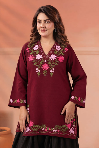 Women's Kashmiri Aari Floral Embroidered Woollen Kurta | Wine