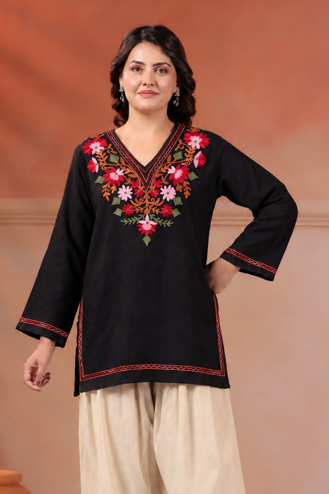 Women's Aari Floral Embroidered Woollen V-Neck Kurta | Black